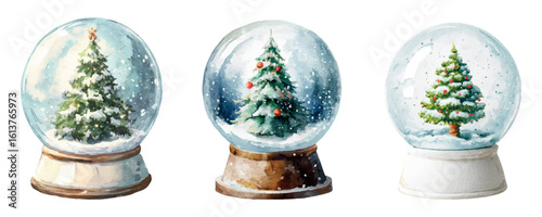 Set of watercolor snow globes png. Snow globes with a decorated Christmas tree in the middle standing in the snow. Festive Christmas decor and souvenirs. 