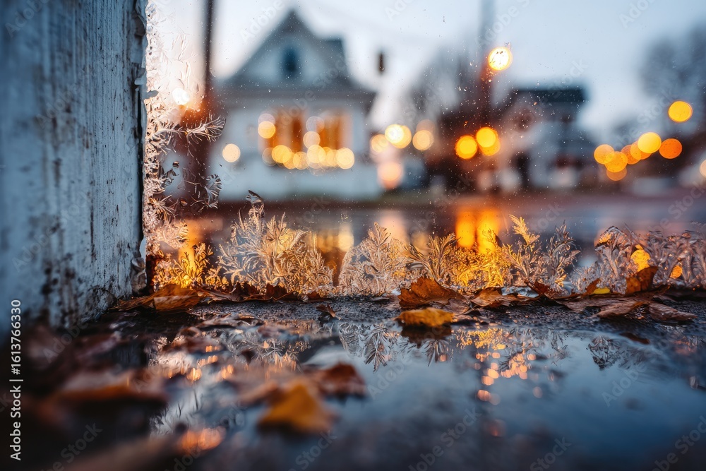 Frozen puddles on a street corner at dusk Frozen puddles on a street corner at dusk