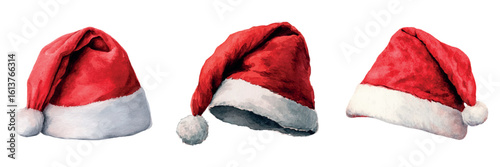 Set of red Christmas Santa Claus hats watercolor. Isolated Santa hats on transparent background. Elements for Christmas, New Year and winter holidays. Vector illustration.