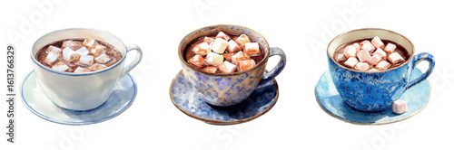 Set of watercolor cups of hot cocoa with marshmallows. Ceramic mugs with a hot fragrant drink sprinkled with sweet marshmallows. Hot drink elements for cold weather. Christmas drinks. 
