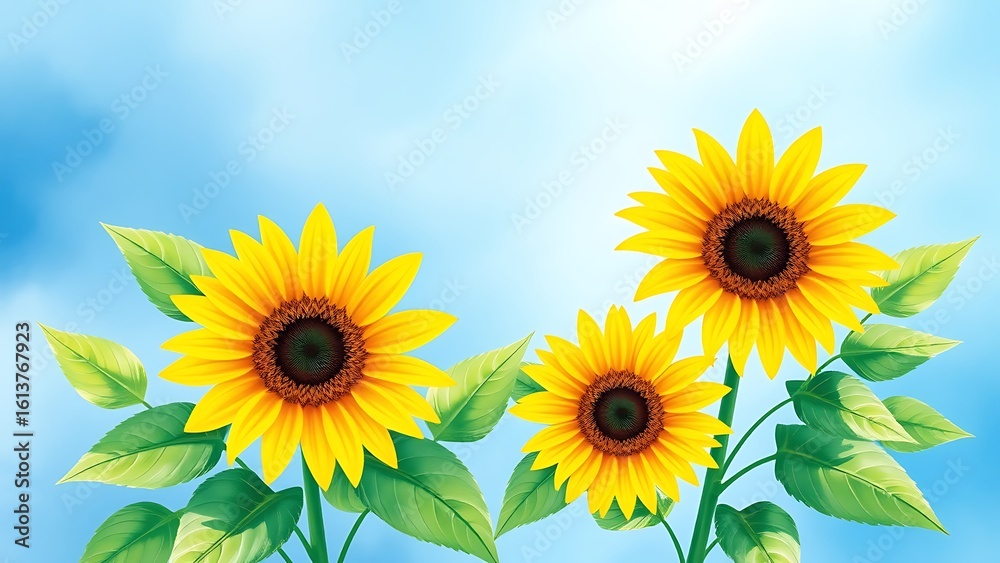 Obraz premium Three vibrant sunflowers bloom against a soft blue sky, creating a cheerful and sunny floral background with a watercolor effect