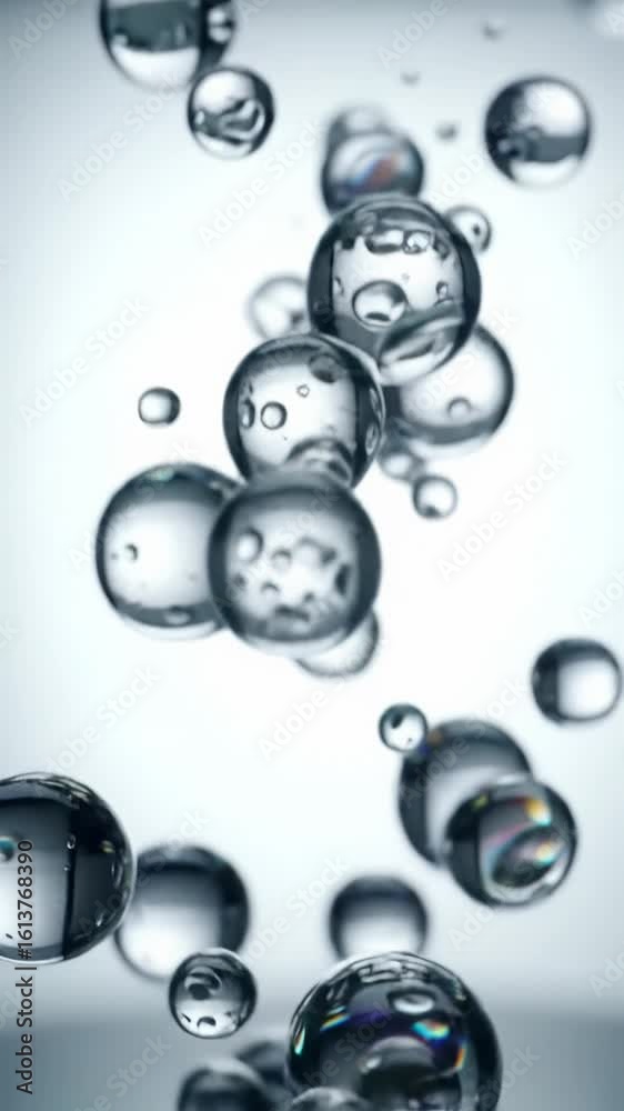 Transparent bubbles of varying sizes gracefully ascend in a slow crane video against a transparent void, with iridescent reflections and subtle bokeh, emphasizing continuous upward motion in a 9:16