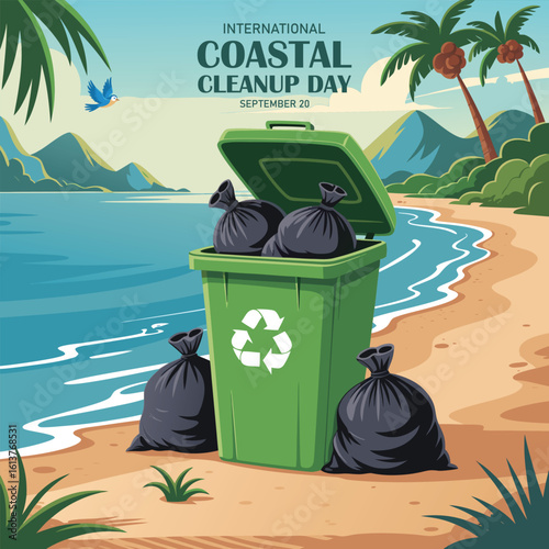 International Coastal CleanUp Day. coastal cleanup day concept. vector sea beach background.