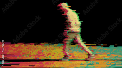 Glitch art of a walking figure in vibrant colors against dark background  