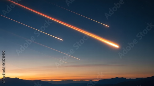 Meteor shower streaks across twilight sky over mountains 1