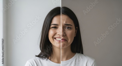 Half of a woman's face shows happiness and joy, while the other half expresses sadness and discomfort. A visual representation of contrasting emotions, mental health, and human feelings.