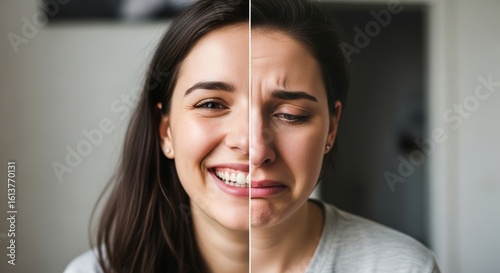 Split screen portrait of young woman showing contrasting emotions - happy smiling on left side, sad crying on right. Mental health, mood, and emotional wellness concept.
