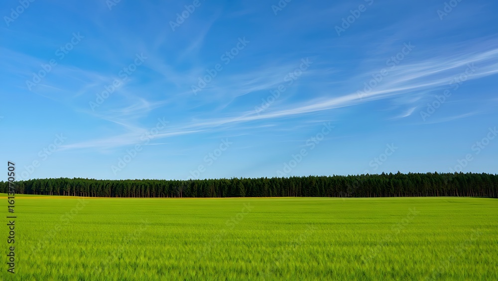 Obraz premium Vast green meadow under a bright blue sky with wispy clouds