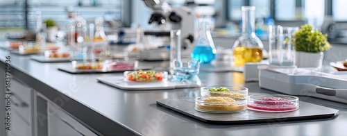 Food samples on lab trays in a modern science lab