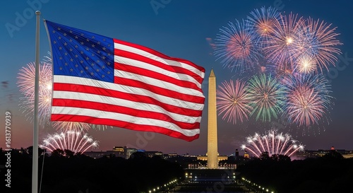 American flag and fireworks display over washington monument