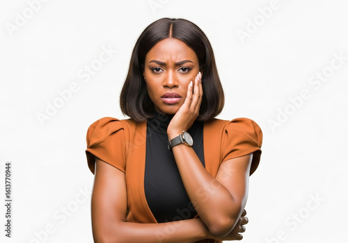 Stressed African American Woman with Hand on Cheek, Worried
