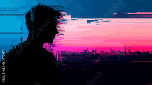Abstract silhouette of a person against a colorful sunset background  