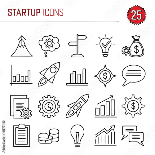 Collection of startup icons including mountain, cloud, signpost, lightbulb, money bag, rocket and graphs