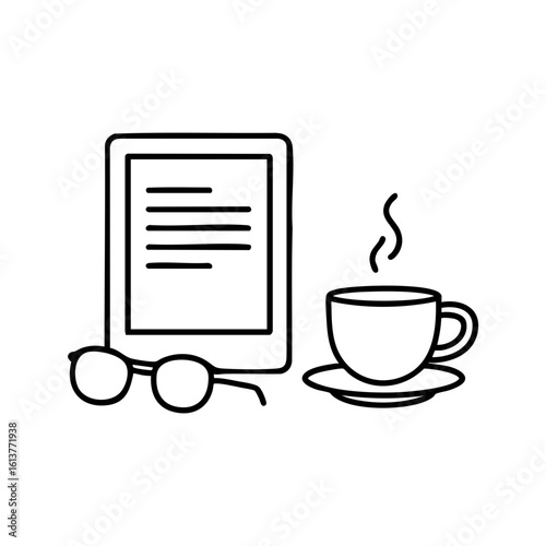 Digital e-reader with glasses and coffee cup