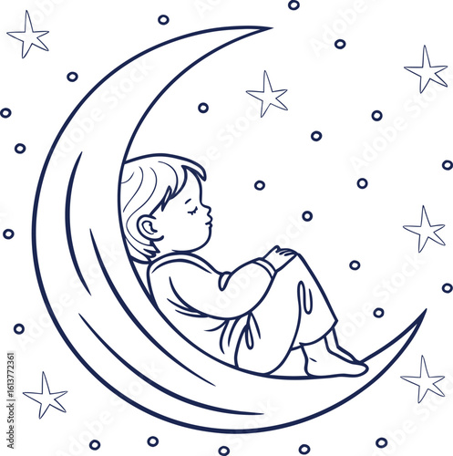 Girl sitting on the moon at night surrounded by stars in a dreamy cartoon style