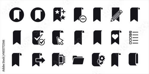 Collection of black bookmark icons with various symbols and actions vector