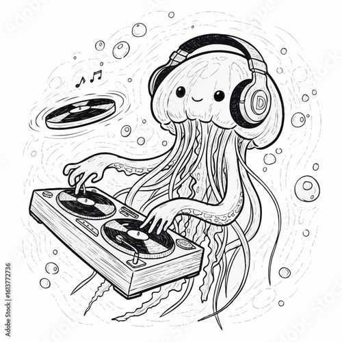 Jellyfish dj playing music with headphones and record player