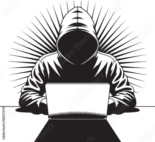 Hacker in Hoodie Illustration Anonymous Cybersecurity Laptop Art
