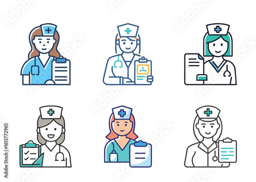 6 set icon Illustrations depicting different nurses wearing scrubs and caps holding clipboards