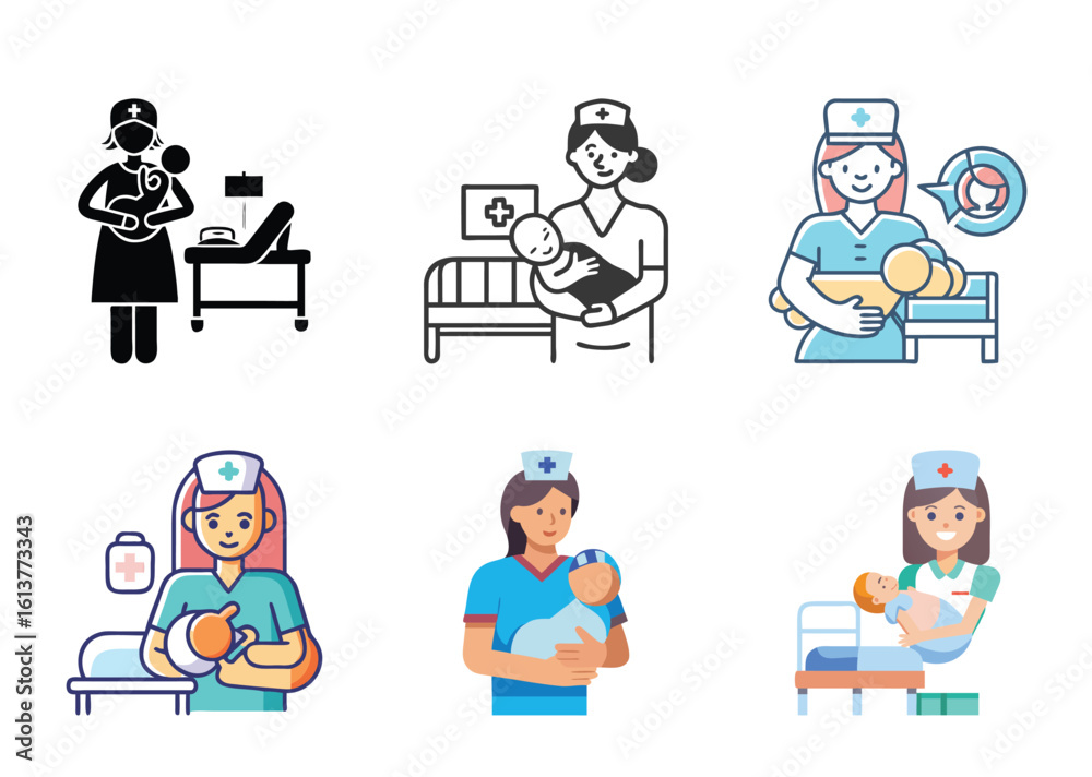 6 set icon Varied depictions of nurses holding newborn babies in a hospital setting 6 set icon Varied depictions of nurses holding newborn babies in a hospital setting