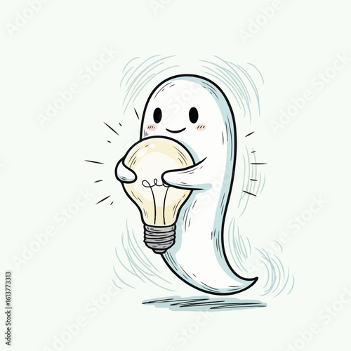 A cute ghost holding a lightbulb with a bright new idea concept