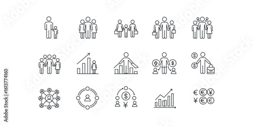 Collection of business and finance icons with people and currency symbols family