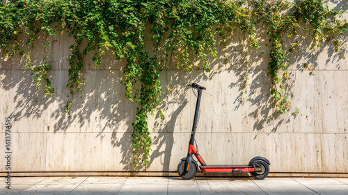 Fototapeta Naklejka Na Ścianę i Meble -  Electric scooter parked by minimalist concrete wall with green vines
