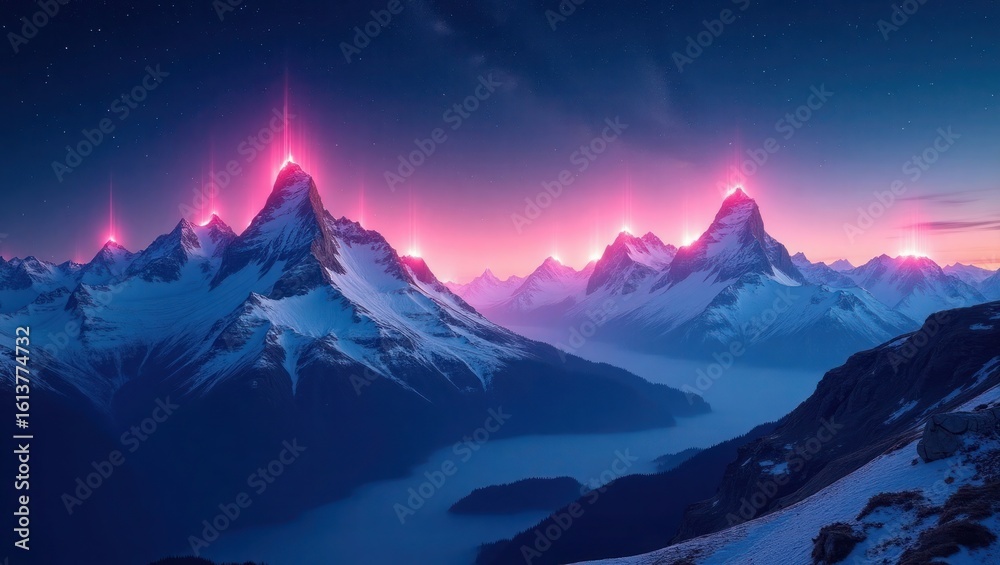 Obraz premium Majestic snow capped peaks glowing pink mountains pink light