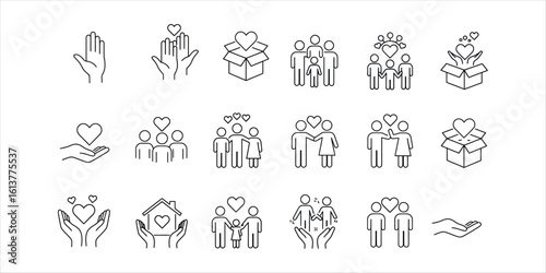 Collection of line art icons representing charity care and family love heart