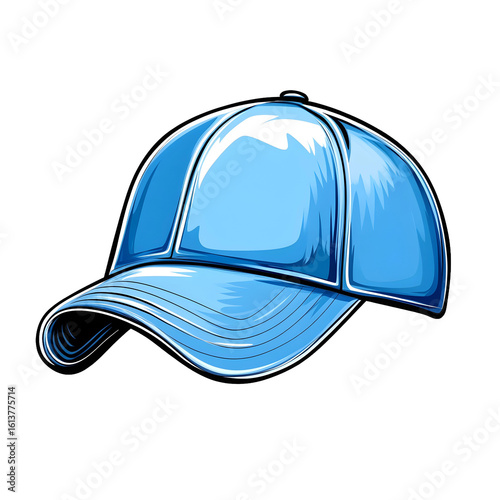 Bright blue baseball cap displayed with detailed design against a plain background in a colorful style