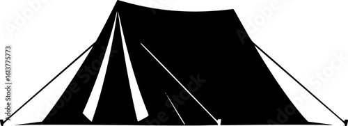 Camping Tent Silhouette: A simple monochrome silhouette of a classic camping tent, ideal for outdoor adventures. Featuring outdoor scene
