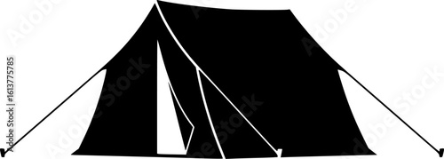 Camping Tent Silhouette: A simple monochrome silhouette of a classic camping tent, ideal for outdoor adventures. Featuring outdoor scene
