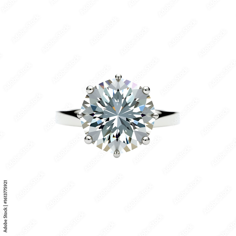 Fototapeta premium Elegant solitaire diamond engagement ring with six prongs on transparent background isolated on transparent background