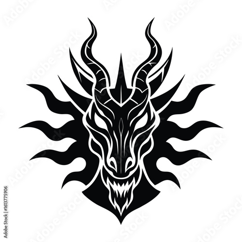 Fierce Black Dragon Head Tribal Tattoo Design Sun Flames on White Background