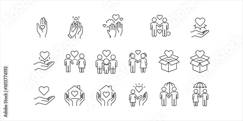 Collection of line art icons representing love care and support for people and homes heart helping hands