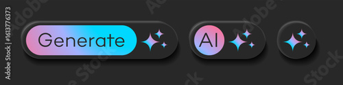 Generate AI buttons user interface set 3d style black. Artificial intelligence button trendy neumorphic for ui ux element, app, website vector 10 eps
