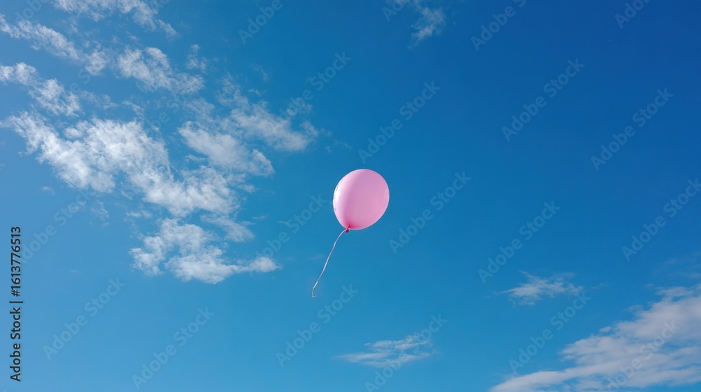 Obraz premium Pink balloon floats in blue sky, white clouds appear behind