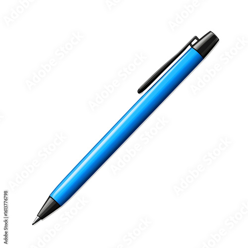 Blue ballpoint pen lying horizontally on a plain white background showcasing its design and color