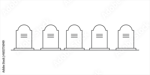 Five identical black outline tombstone gravestones in a row on white cemetery death