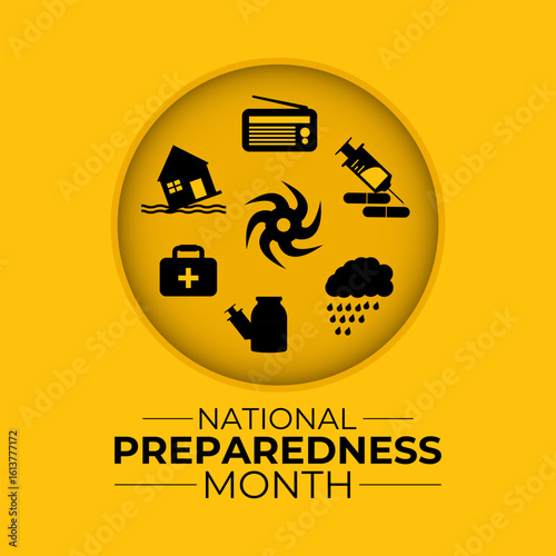 September is National Preparedness Month, which encourages individuals, families, and communities to prepare for disasters. Action natural disasters like floods and hurricanes. Banner poster design.