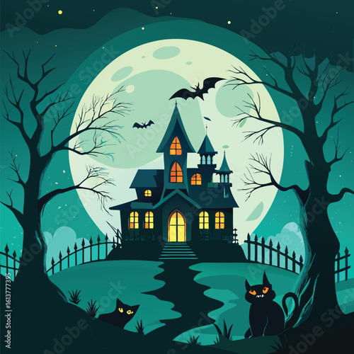 Spooky haunted mansion with full moon and black cats on Halloween night haunted house