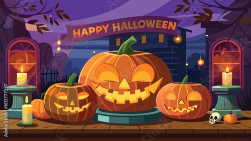 Three carved Halloween pumpkins glowing with light on a wooden table jack o lantern spooky