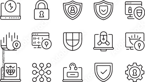 Cybersecurity and Data Protection Icons Set with Password Lock Virus Firewall and Privacy Key in Clean Line Art Style silhouette