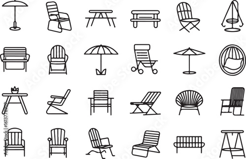 Outdoor Furniture Icon Set in Silhouette Style Chairs Benches Tables and Umbrellas for Patio Garden and Relaxation Spaces silhouette