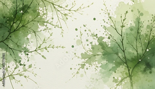 A delicate watercolor background with green leaves and branches evokes a sense of nature and springtime