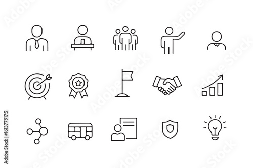 Minimalist Business Icons Set for Presentations and Web Design Representing Corporate Themes and Business Concepts in Outline Style