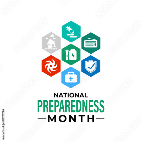 September is National Preparedness Month, which encourages individuals, families, and communities to prepare for disasters. Action natural disasters like floods and hurricanes. Banner poster design.