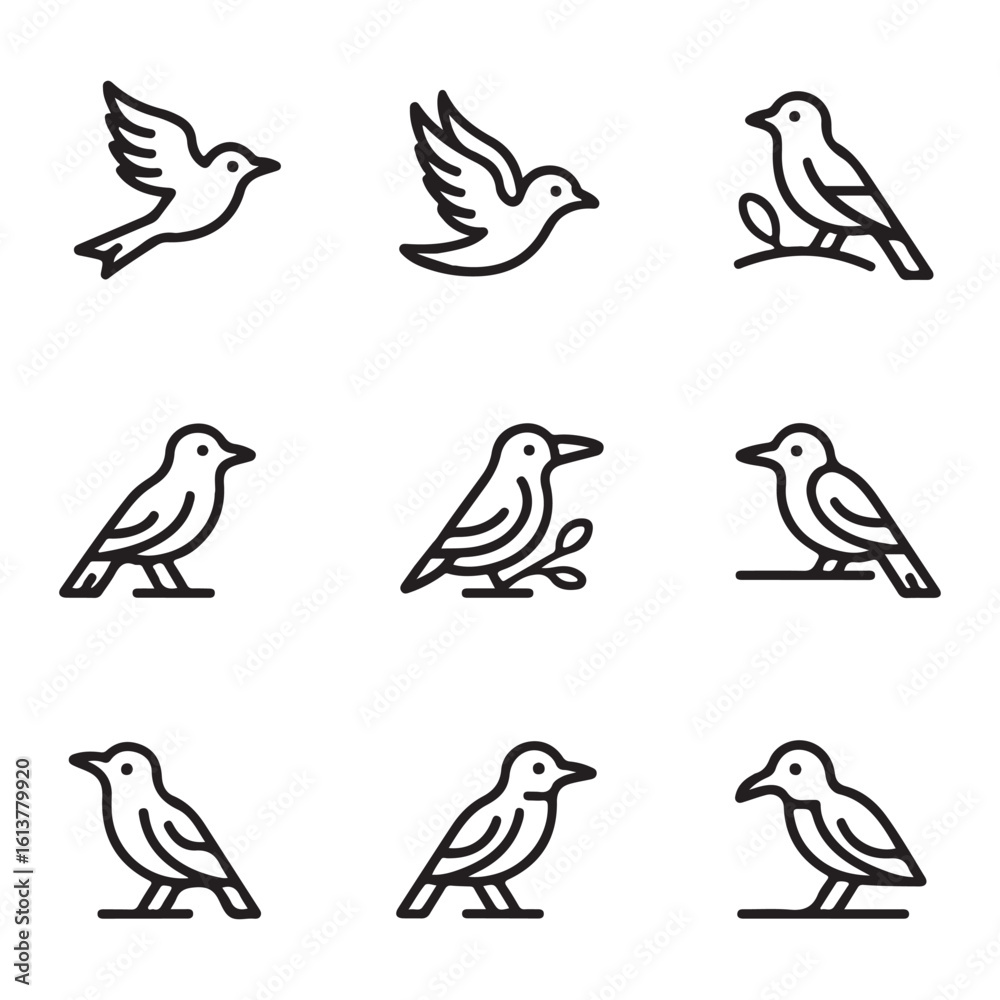 Obraz premium Minimalist Bird Line Icons Set – Elegant Outline Sparrow Vector Collection