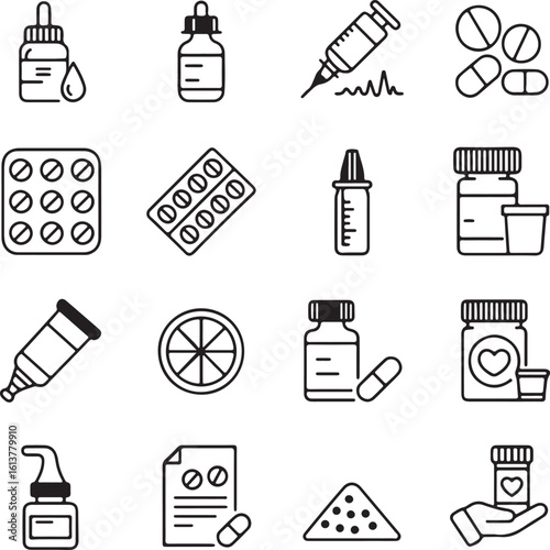 A set of 20 black and white medical and pharmaceutical icons arranged in a 4x5 grid.