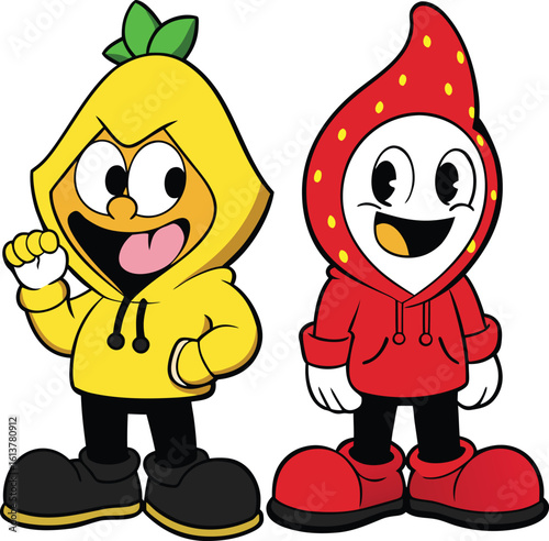 Playful Fruit Mascot Duo: Two vibrant fruit mascots in playful costumes with cheerful expressions, embodying fun and joy. Capturing youthful exuberance.